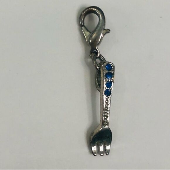 fork charm blue stones silver tone lobster hook dangle charm bracelet - Picture 3 of 4